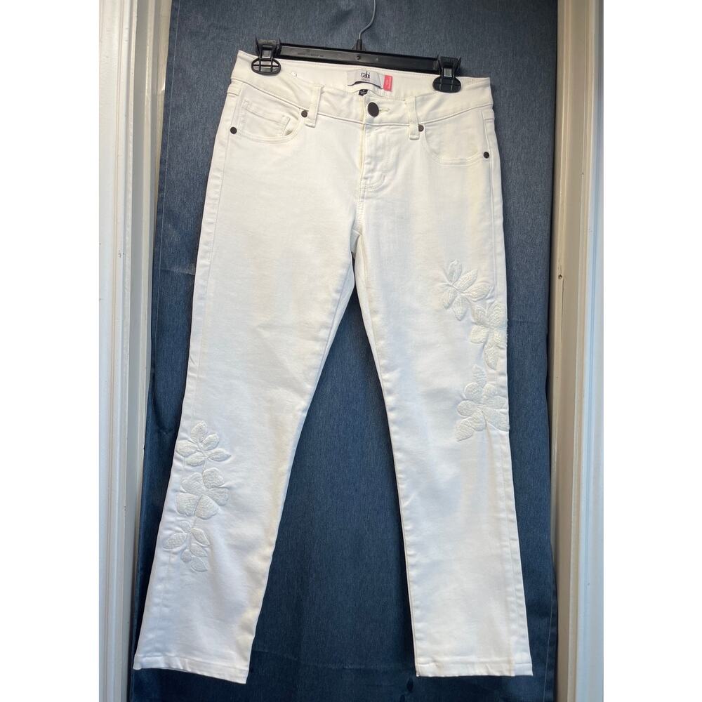 Cabi Jeans Womens 2 White Slim Boyfriend nude  Floral EmbroideryBusiness Casual